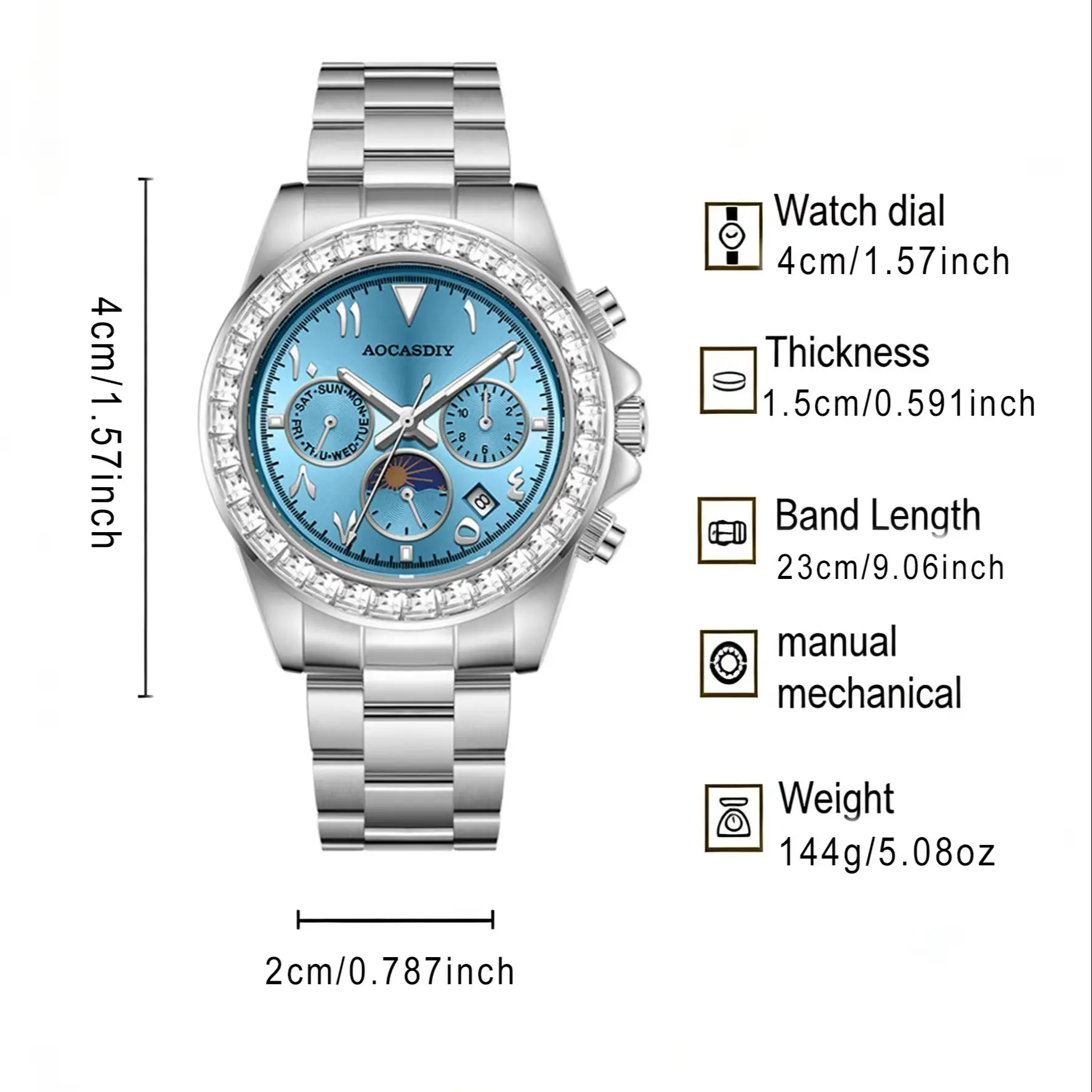 AOCASDIY Men's Mechanical Watch Shining Square Water Diamond Inlaid bezel Sun Moon Phase Date Window Dial Luxury Sports Watch
