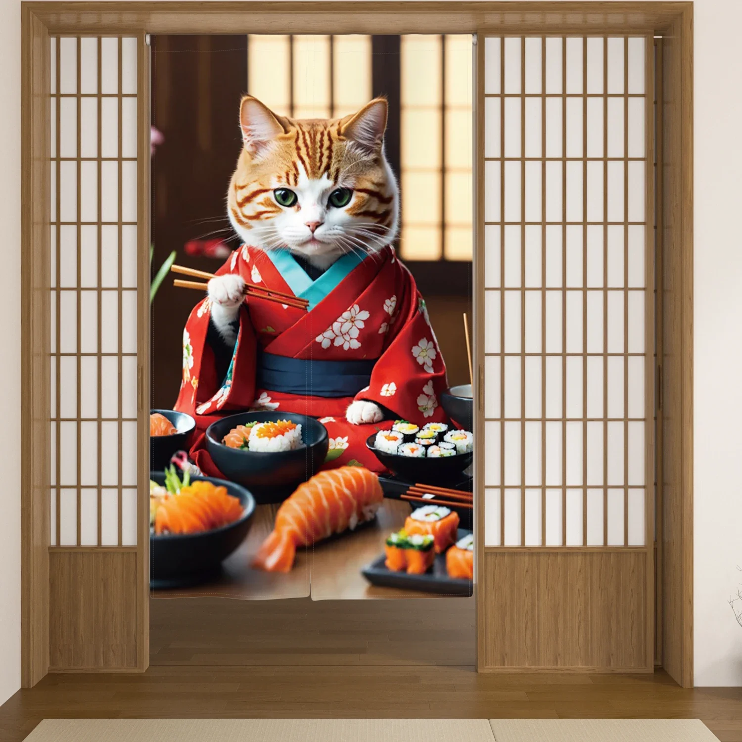 Japanese Izakaya Cooking Doorway Noren Door Curtain 2D Kimono Cat Sushi Ramen Shop Kitchen Partition Curtain Entrance Decor