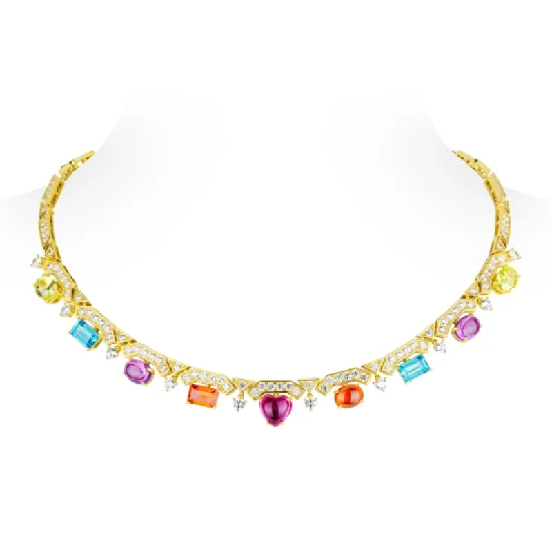 BELLUX 925 Silver Synthetic Zircon Flower Stars Colorful Peach Heart Full Diamond Luxury Fashion Vintage Necklace