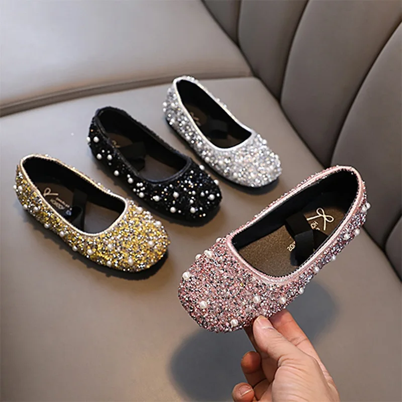 

Girl's Princess Shoes Glitter Luxury Party Shallow Children Ballet Flats 21-36 Elastic Band Four Colors Beautiful Kids Shoes