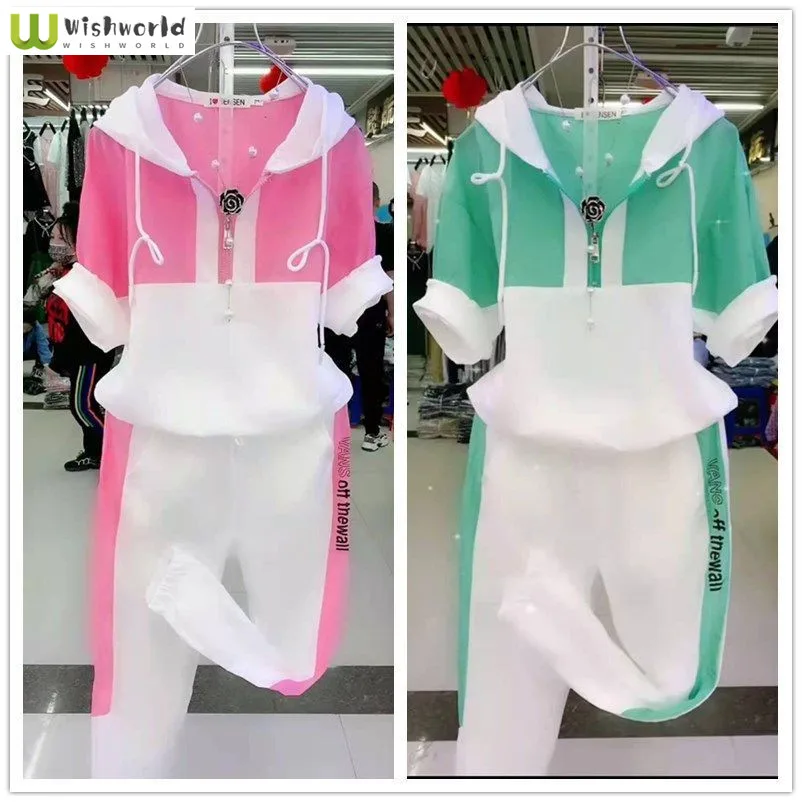 

2022 New Spring and Summer Thin Fashion Thin Short Sleeve Hooded Top Set Women's Sports and Leisure Two-piece Set