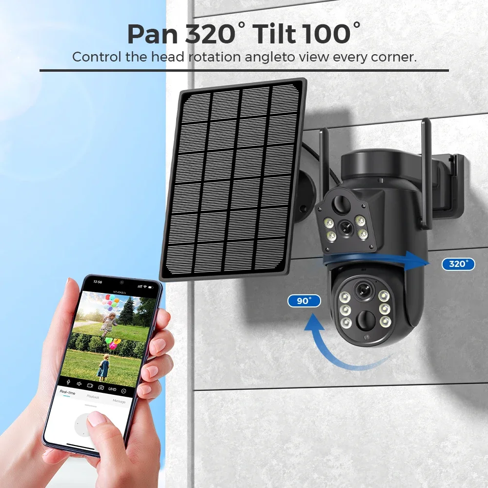 Caméra solaire WiFi double objectif double écrans 8MP 4K PIR détection humaine caméras de sécurité extérieures avec batterie caméra de Surveillance vidéo