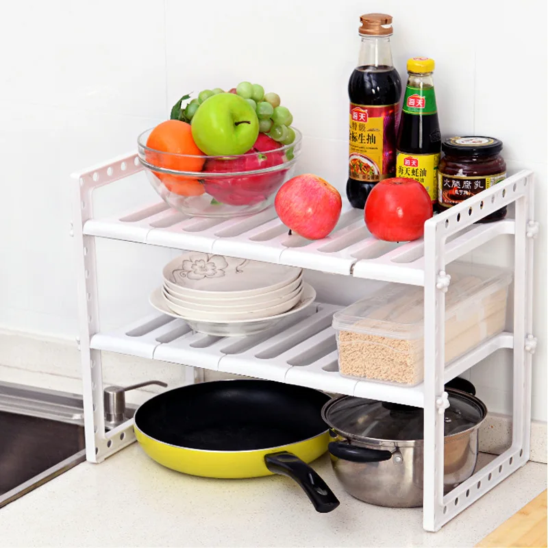 Retractable Kitchen Shelf Organiser Floor Type Adjustable Extendable Double Layer Dishes Storage Rack Under Sink Multifunction S