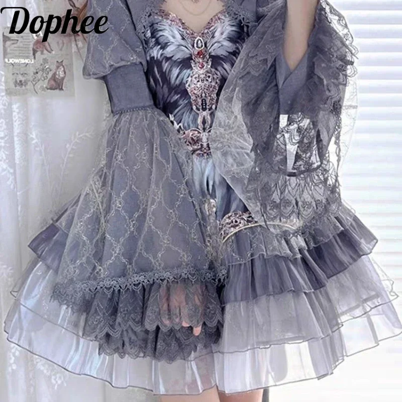 Dophee Original Flower Marriage Grey Lolita Sets Elegant Flare Sleeve Shawl Cloak Cardigans Coat+Sleveeless Strap Princess Dress