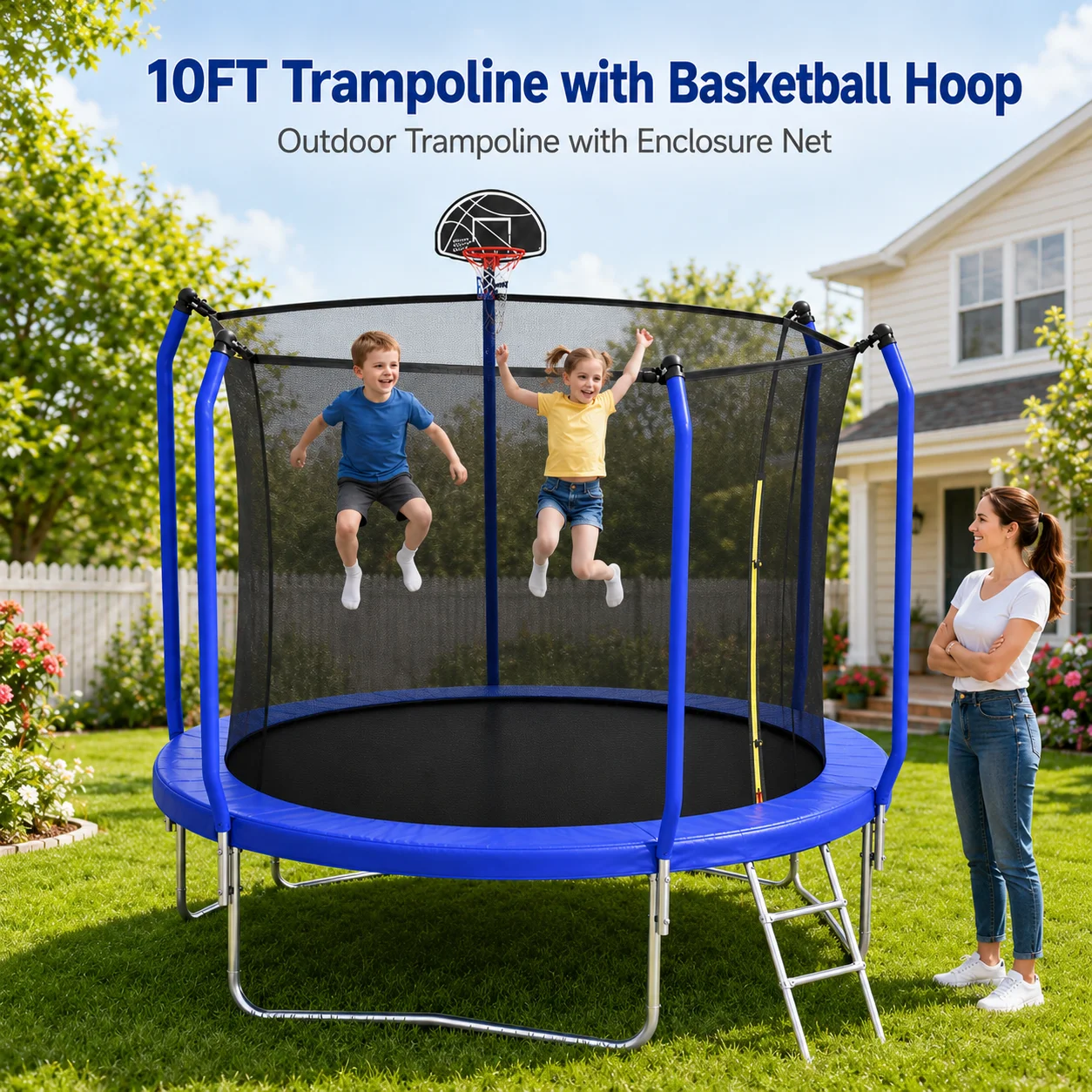 

10FT Trampoline with Basketball Hoop, ASTM Approved Reinforced Type Outdoor Trampoline with Enclosure Net