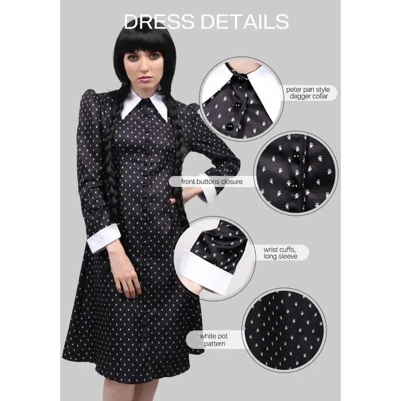 DAZCOS Anime The Addams Cosplay Famiglia Mercoledì Addams Costume Halloween Manica lunga Polka Dot Costume Donna Adulto US Taglia UY24