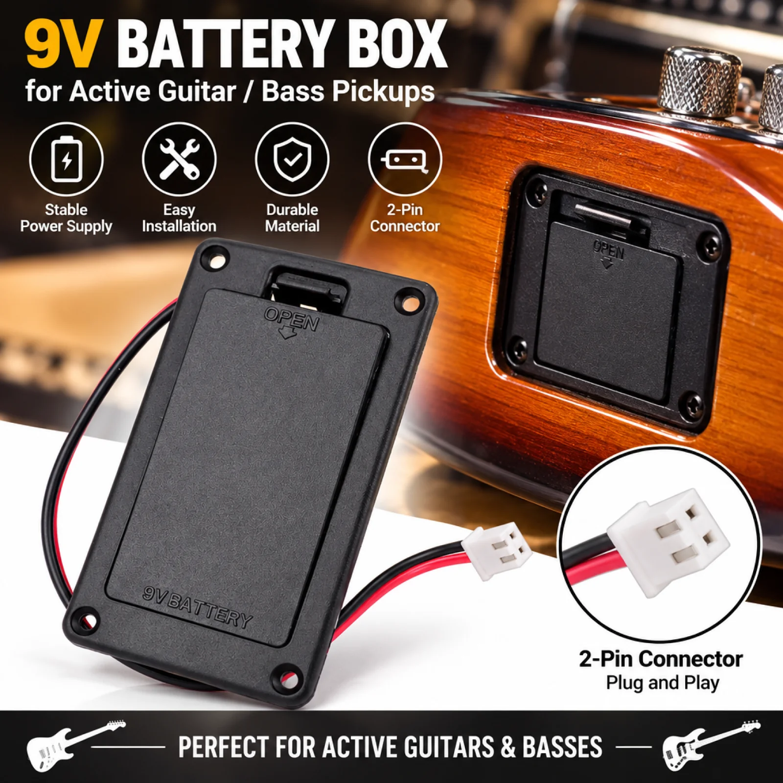 Flat Mount 9V Battery Case Box Holder Black for Electric Guitar Bass Storage Cover Battery Pack Battery Holder Case Battery