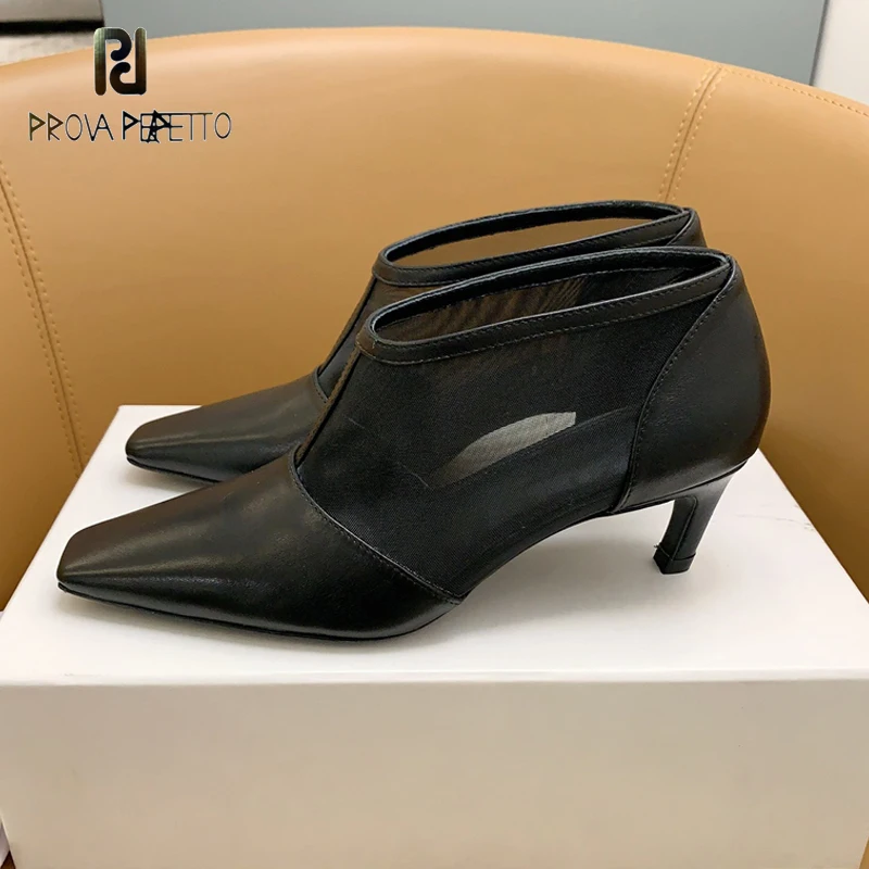 

Elegant Ladies Ankle Spring Summer Boots Kitten Heel Nude Black Mesh Brethable Dress Shoe Genuine Leather 2024 Designer Mules