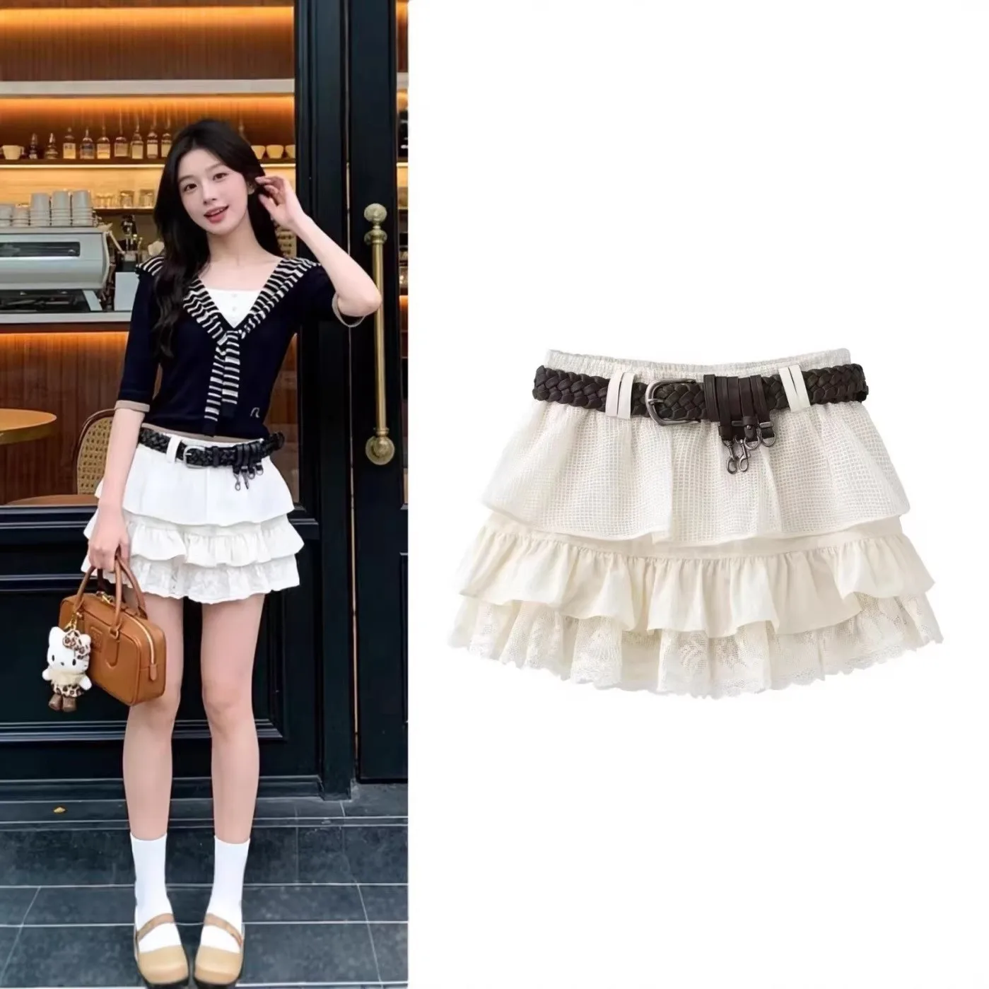 

Women's Summer Skirt Cotton Blend Tiered Solid Color Skirts Ruffle Trim Lace Hem Mini Skirt A Line Elastic Waist Short Skirt