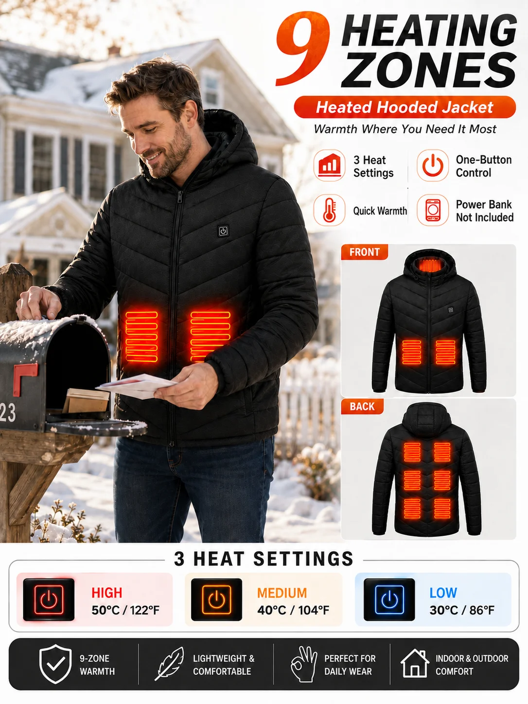 Men'S Heated Jacket with 3 Heat Settings, 9 Heating Zones, Hooded Winter Coat for Casual Outdoor Wear - Black, Polyester, Long Sleeve, Zip-Up, Four Control Buttons, Warmth for Autumn and Winter, Heated Jacket