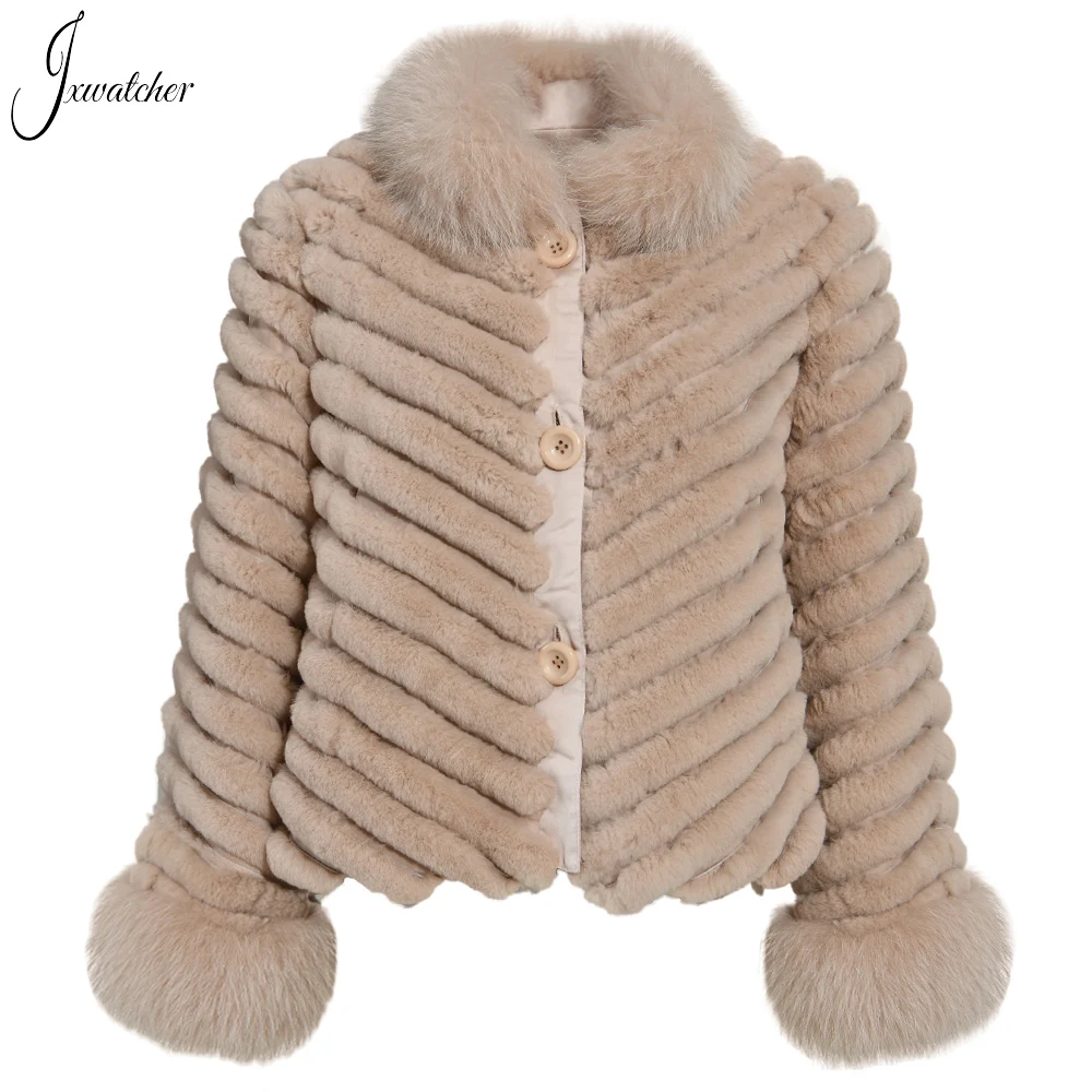 Jxwatcher Natural Rabbit Fur Coat For Women Winter Fashion Reversible Fur Jacket With Real Fox Fur Ladies Luxury Casaco Autumn