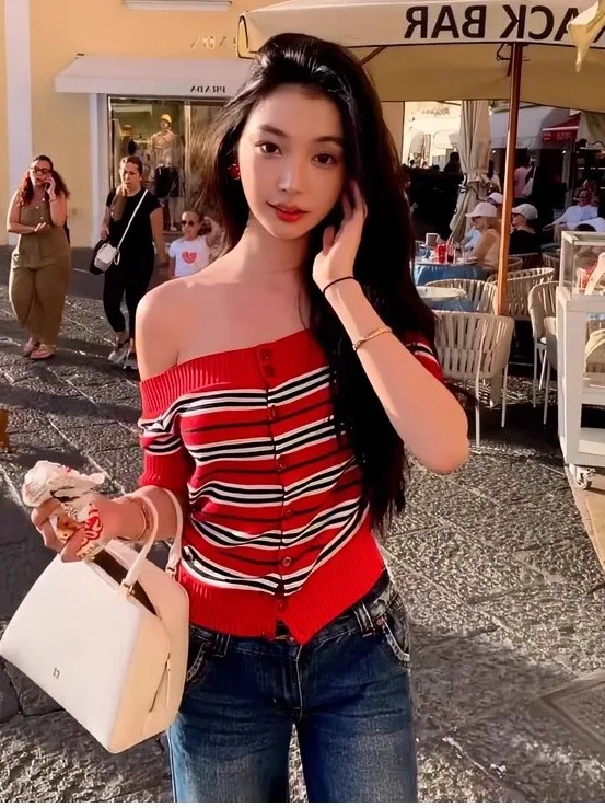 

Korean Sle Red Striped oulder Bared Long Sve Knitted Open Cardigan Women's Slimming Base Layer Small Top for Autumn