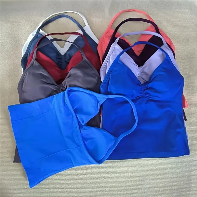 新作ロングラインストラップトップ レディース シームレスヨガタンクトップ 内蔵ブラ付き ラッフルバックレス ジムウェア ワークアウトトップ