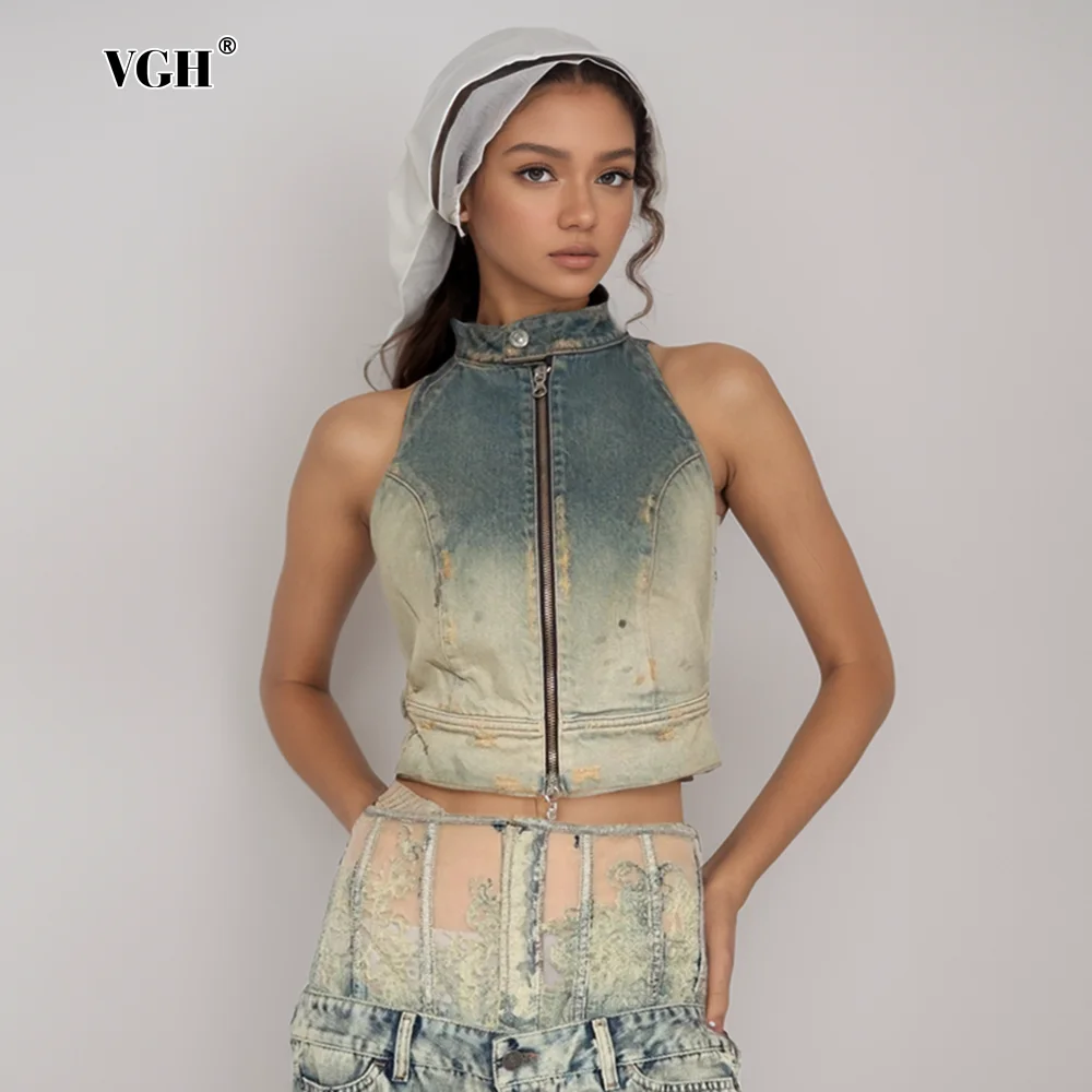 

VGH Vintage Women Tank Tops Halter Sleeveless Off Shoulder Backless Spliced Zipper Sexy Slimming Denim Vest Female Fashion Style