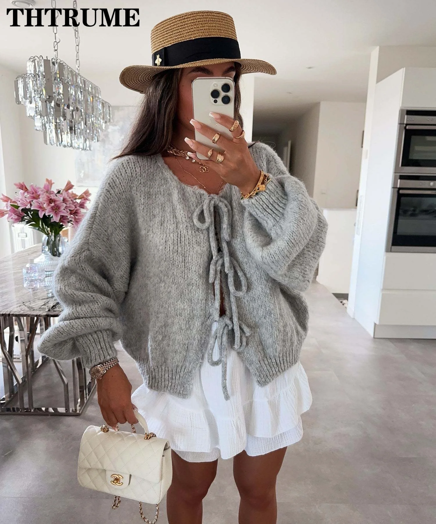 Women Fashion Lace Up Bow Sweaters Elegant Solid Color Long Sleeve Autumn O-Neck Knitwear Jumpers Tops Casual 2024 New Cardigans