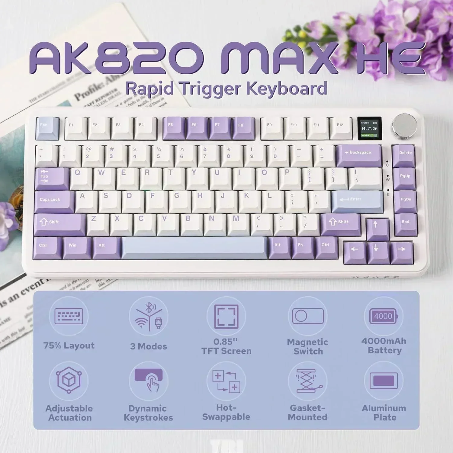 AJAZZ AK820 MAX HE Quick Trigger Keyboard Hall Effect Pad TFT Screen Adjustable Drive Mechanical Keyboard Wired Gaming Keyboard