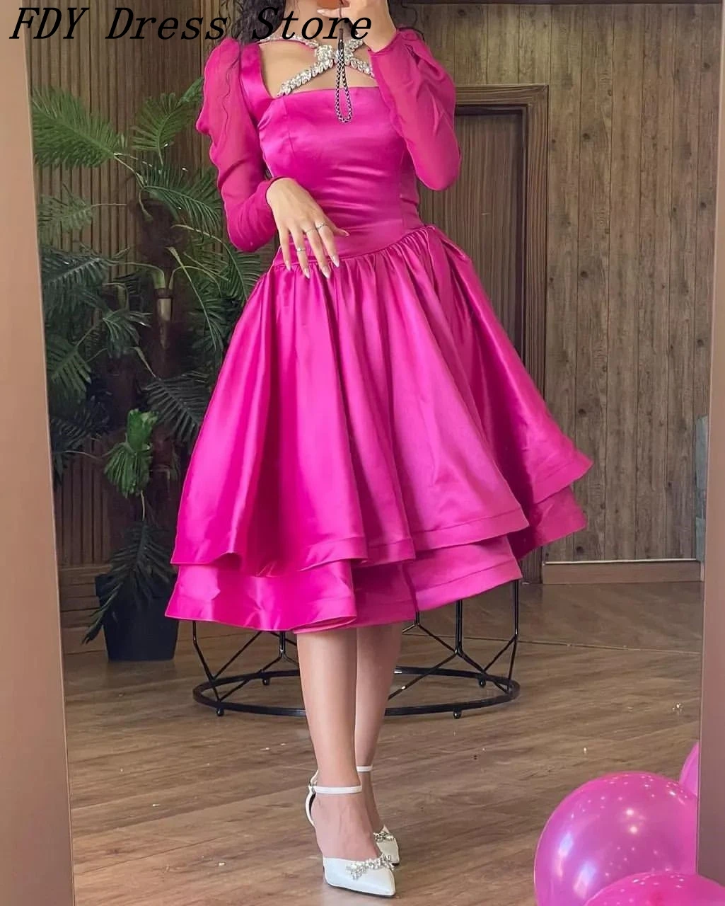 ที่กําหนดเอง Fuchsia ชุดราตรีแขนยาวสแควร์คอชุดราตรีชาความยาว Beadings Party Dresses vestidos de fiesta