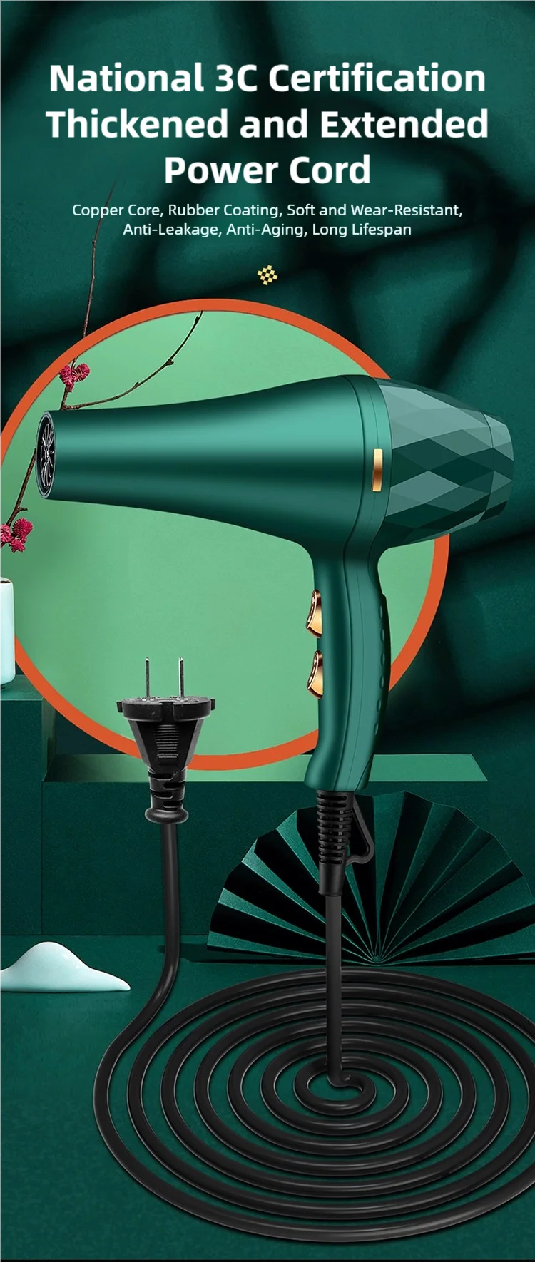 TINSOL Professioneller Haartrockner, leistungsstarker Haartrockner mit negativen Ionen, Heiß- und Kaltfunktion, extrem leise, für Styling im Haushalt und im Salon. – Detail 10