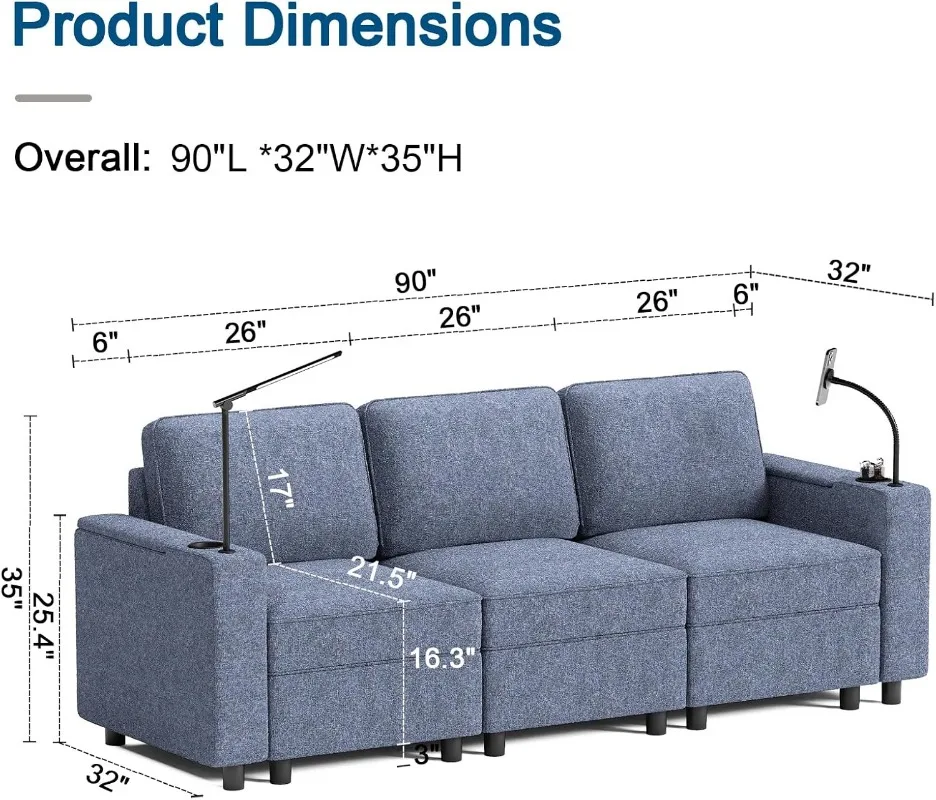 Modular Sectional Sofa,Multifunctional Couches for Living Room with Storage, Armrest with Power Grommet and Cup Holder, Wireless