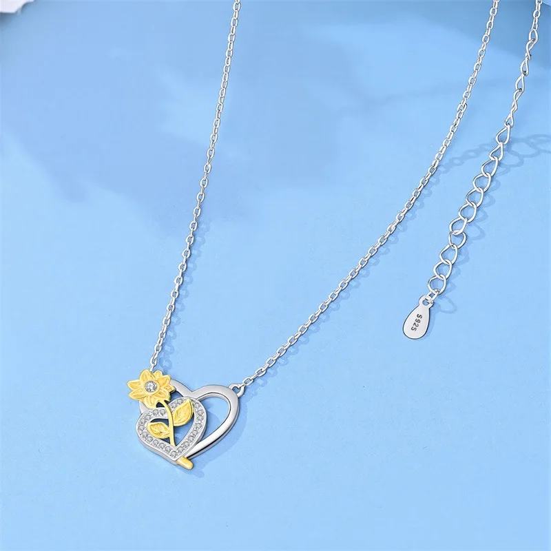 Original 925 Sterling Silver Sunflower Love Necklace Sparkling CZ Zircon Exquisite For Women Girls Birthday Jewelry Gifts
