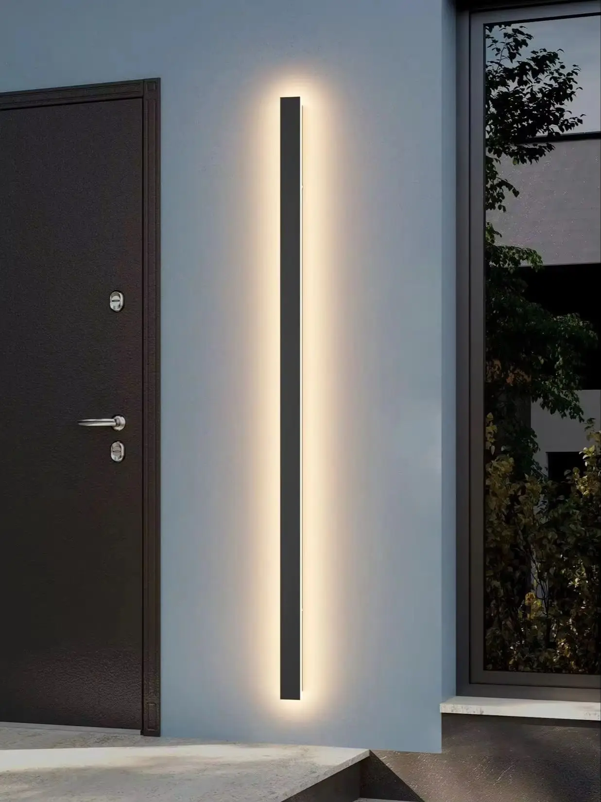 Moderne LED-Außenwandleuchte, wasserdicht, sonnenbeständig und rostfrei, lange minimalistische Wandleuchte 100/115 cm, schwarz, für Flur, Garten, Eingangsbereich.
