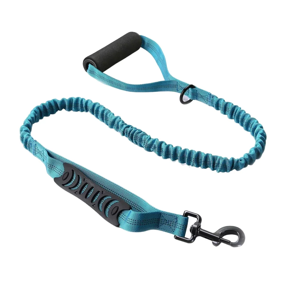 Nylon leash with double handles featuring buffer tension system to minimize sudden pulls adjustable length for dog and cat walks
