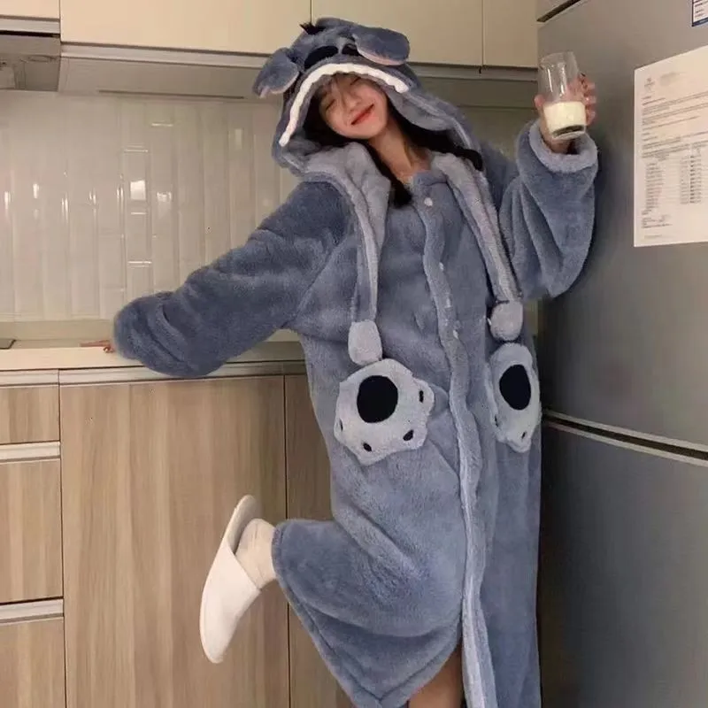 Disney Stitch Stitch  Robe Kawaii Hooded Dressing Gowns Lady Thickened Warm Loungewear Cute Woman Autumn Winter Christmas