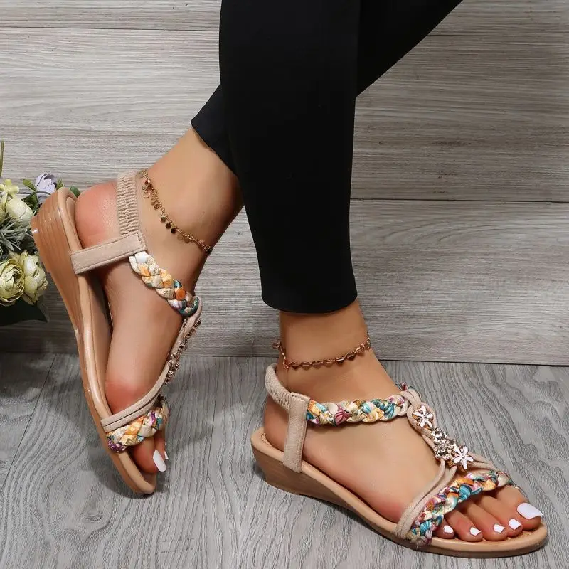 Rimocy – sandales à semelles compensées pour femmes, chaussures romaines à fleurs, antidérapantes, de plage, avec bande élastique, à talons bas,