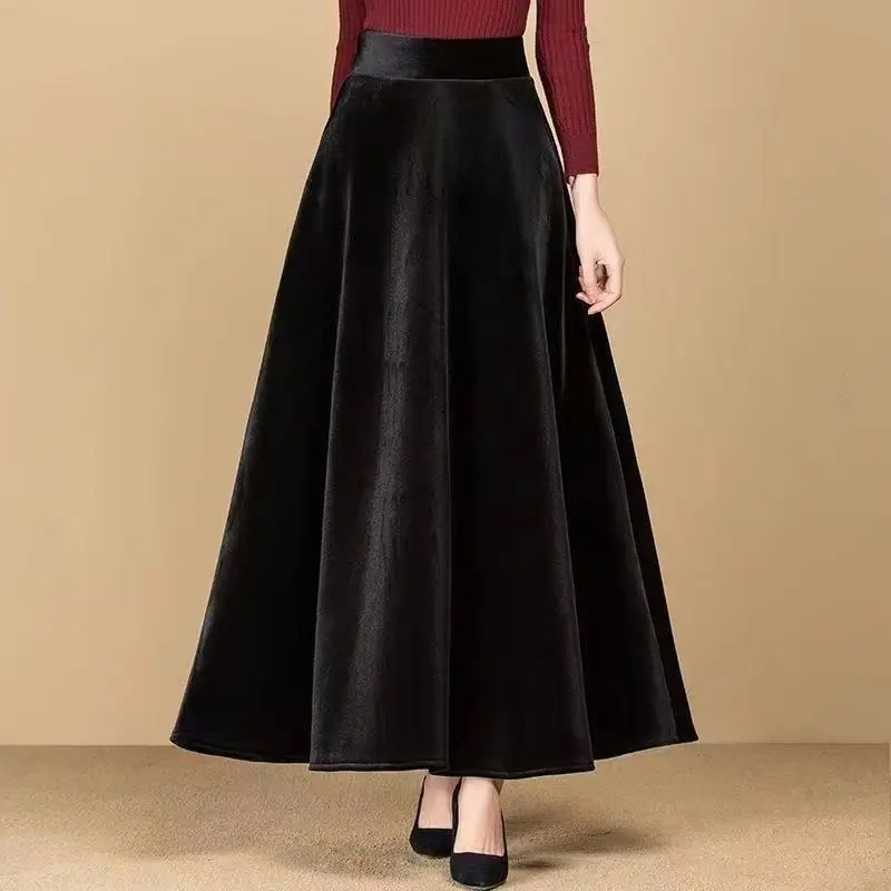 

Autumn and Winter Women's Half Length A-line Fashion Gold Velvet Versatile Slim Fit Casual High Waist Slim Fashion Long Dress