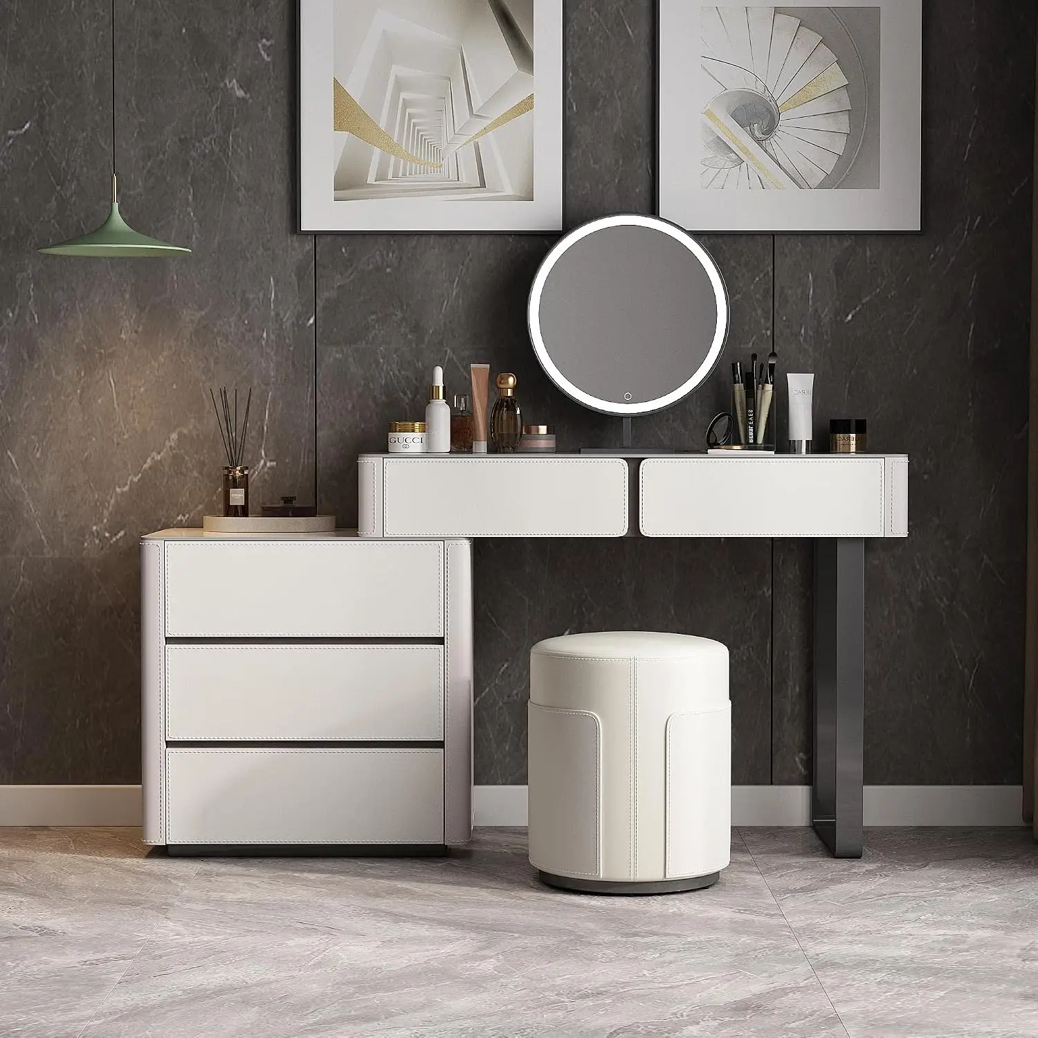 Faux Leather Makeup Vanity Desk Set with LED Lighted Mirror Luxury Dressing Table with Storage Drawers & Vanity Stool, Cream/Gra