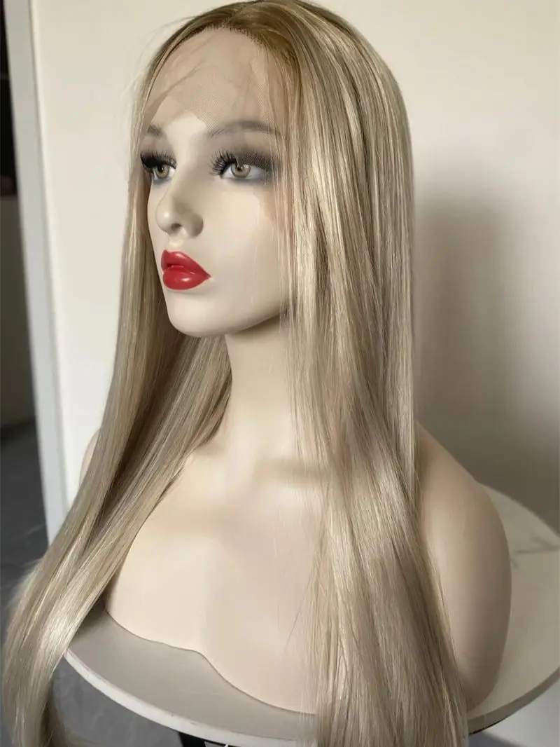 Straight Ombre Ash Blonde Heat Safe Lace Front Synthetic Wig Free Part Glueless Natural Looking Middle Part Hairline For Women