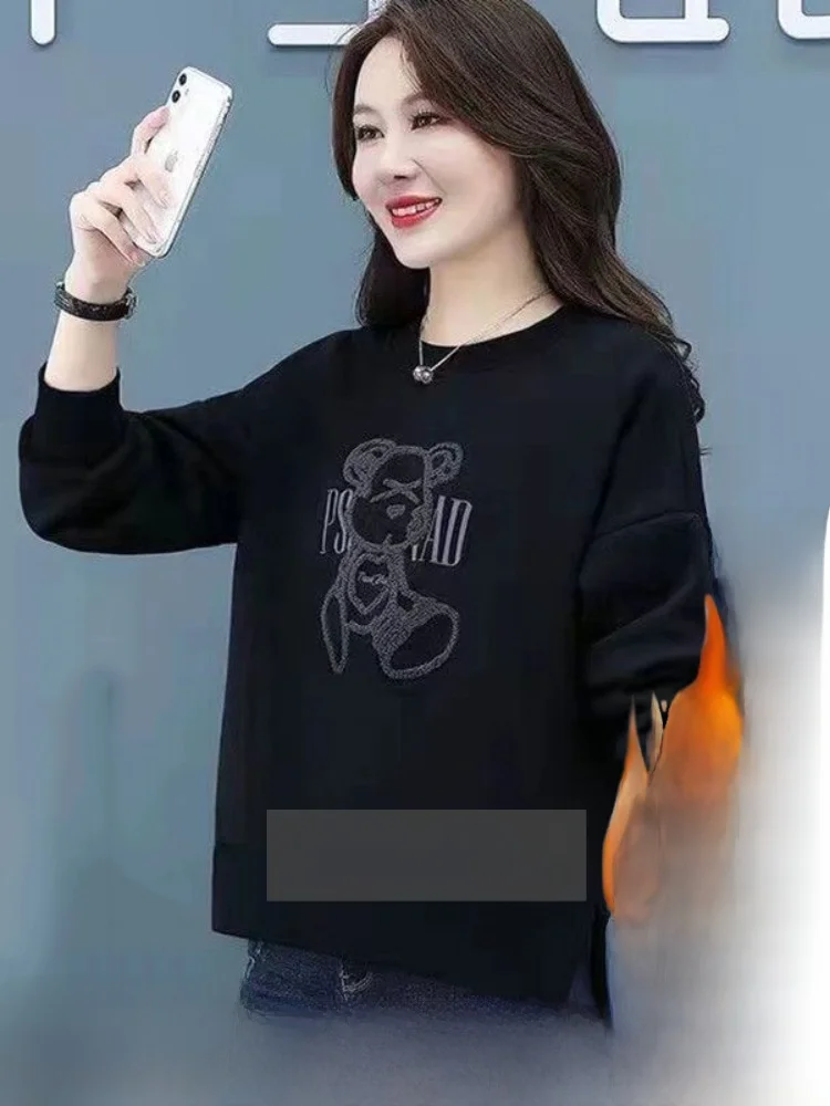 

Thiened Fce Bear Sweatirt Women Winter Loose Long Sve Harajuku Sle Top Single Piece Korean Version round Ne
