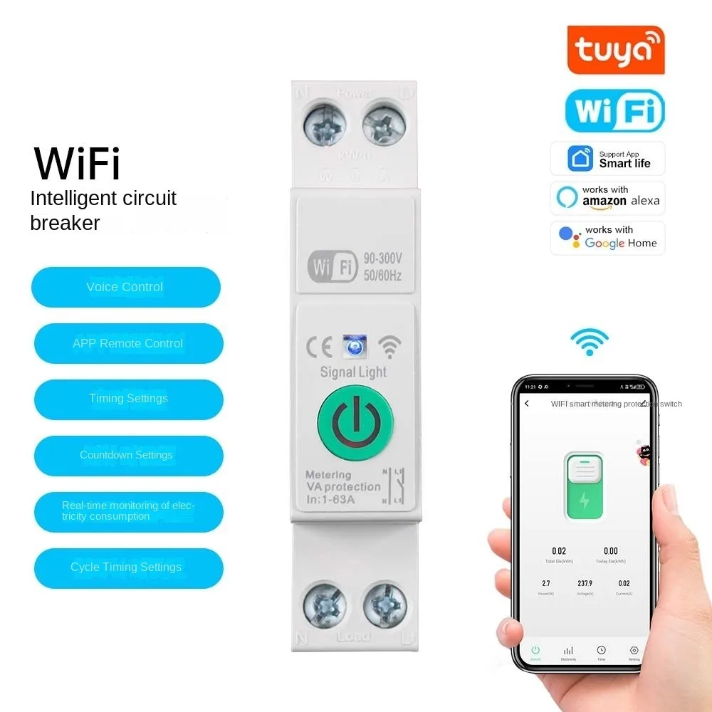 

Удаленное голосовое управление Tuya Wi-Fi Умный автоматический выключатель Мониторинг статистика электричества Умный выключатель Wi-Fi