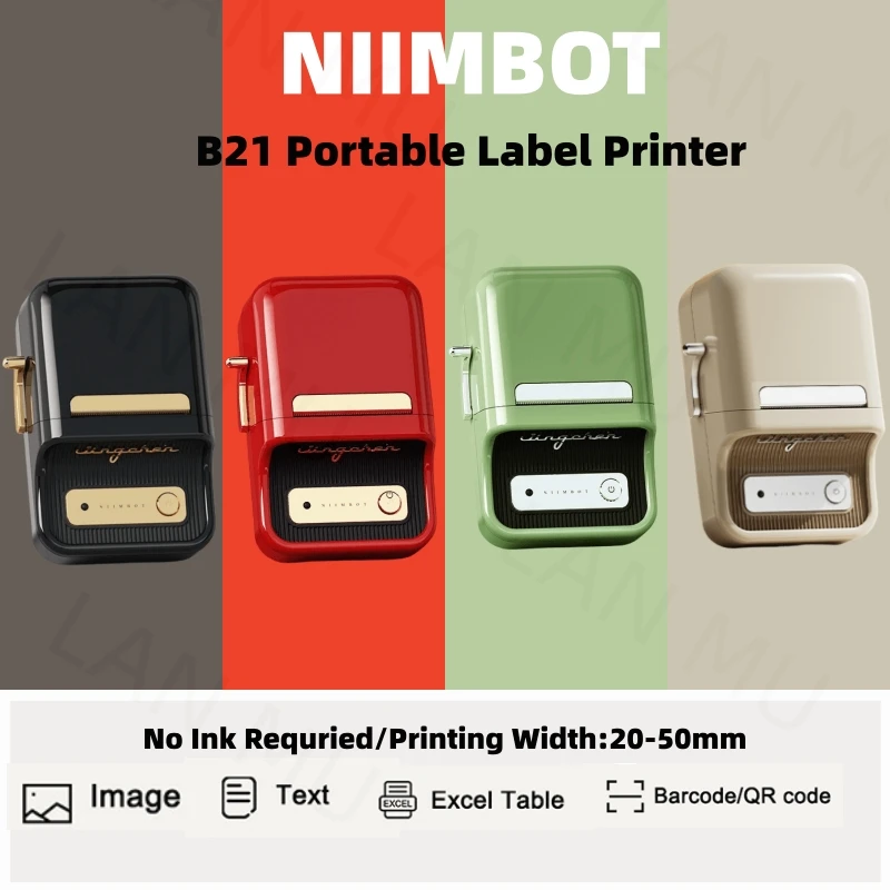 English version Niimbot B21 Label Printer Portable Handheld Thermal Printer Mini Barcode QR Code Sticker Paper Color Rolls