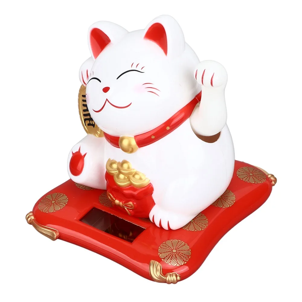 Plastic Light Sensing Waving Fortune Cat 6.69in Lucky Cat Solar Operated Lucky Cat Ornament White ， Black