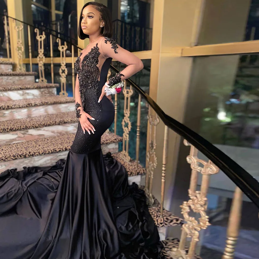 Black Mermaid Prom Dresses Beads Crystal Sheer Neck Beaded Crystal Black Girl Long Sleeves Formal Party Gowns