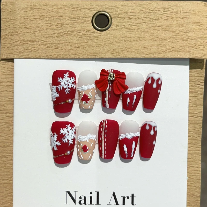 10Pcs Red New Year Short Coffin Press on Nails with Glue Wearable Hand Painted Wake Lion Pattern Nail Art Lucky Full Cover Nails