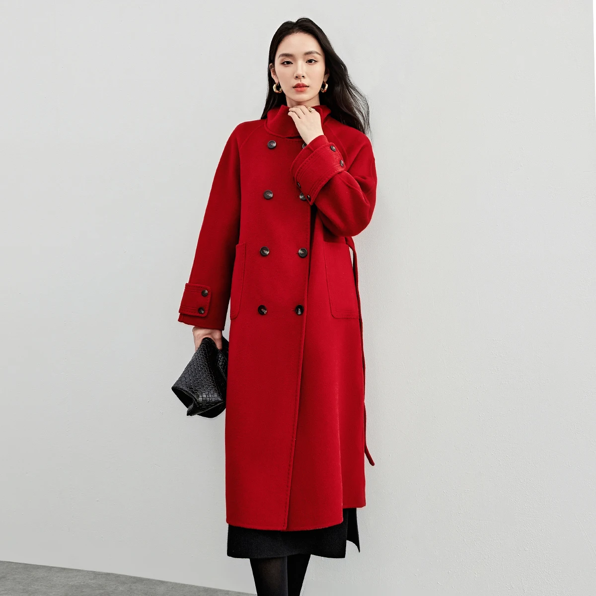 

SENTUBILA Korean Style 100% Wool Coats for Women 2025 Winter Oversize Warm Double Breasted Stand Neck Belted Outerwear W44O56385
