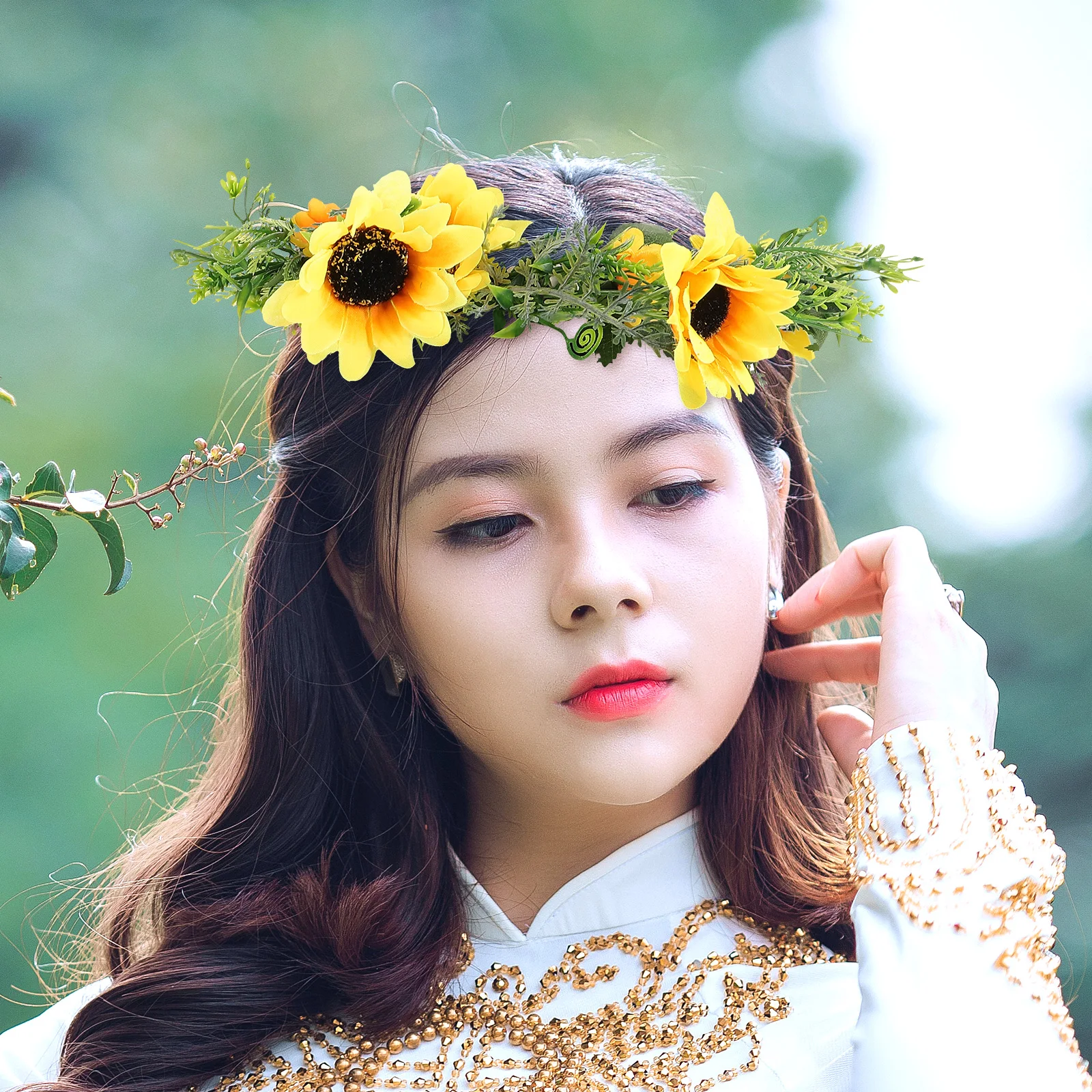 

Artificial Flower Hair Accessories Sunflower Wreath Wedding Garland Bridal Headdress Adjustable Ribbon Fit Women Girls Elegant