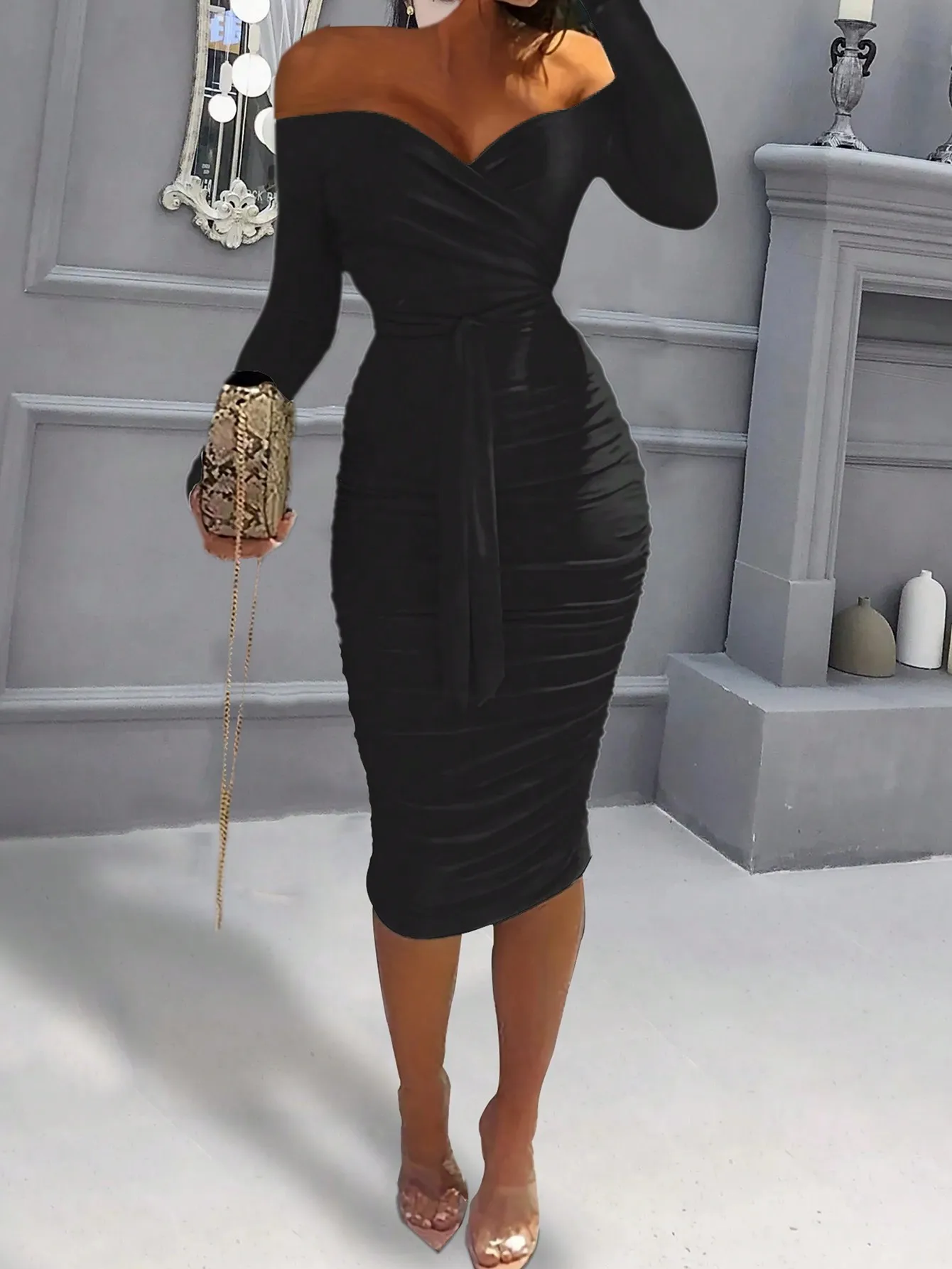 

Black Off-Shoulder Long Sleeve Ruched Midi Dress with Waist Tie