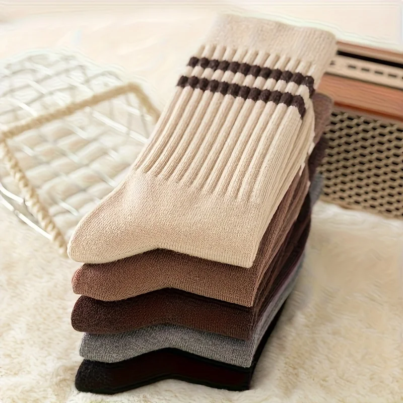 3 Paar Four Seasons Damen-Socken mit vertikaler Stange, verdickt, Retro, schlicht, modisch, gestreift, vielseitig, weich und bequem, warm, lange Socken – Detail 2