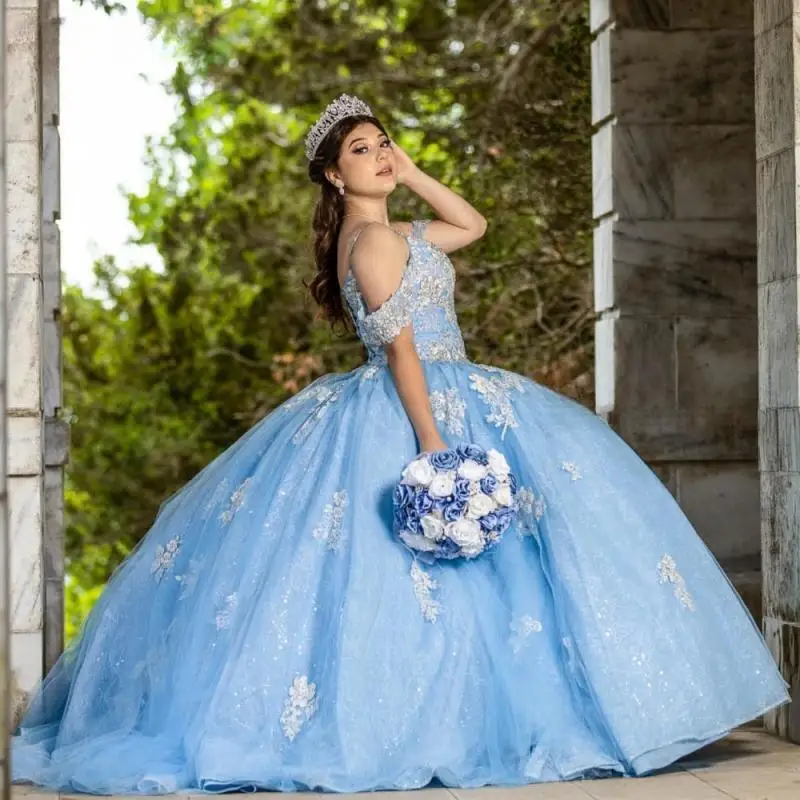 

Elegant Sky Blue Quinceanera Dress Ball Gown Lace Applique Beaded Mexico Corset Sweet 16 Vestidos De 15 Años YD29