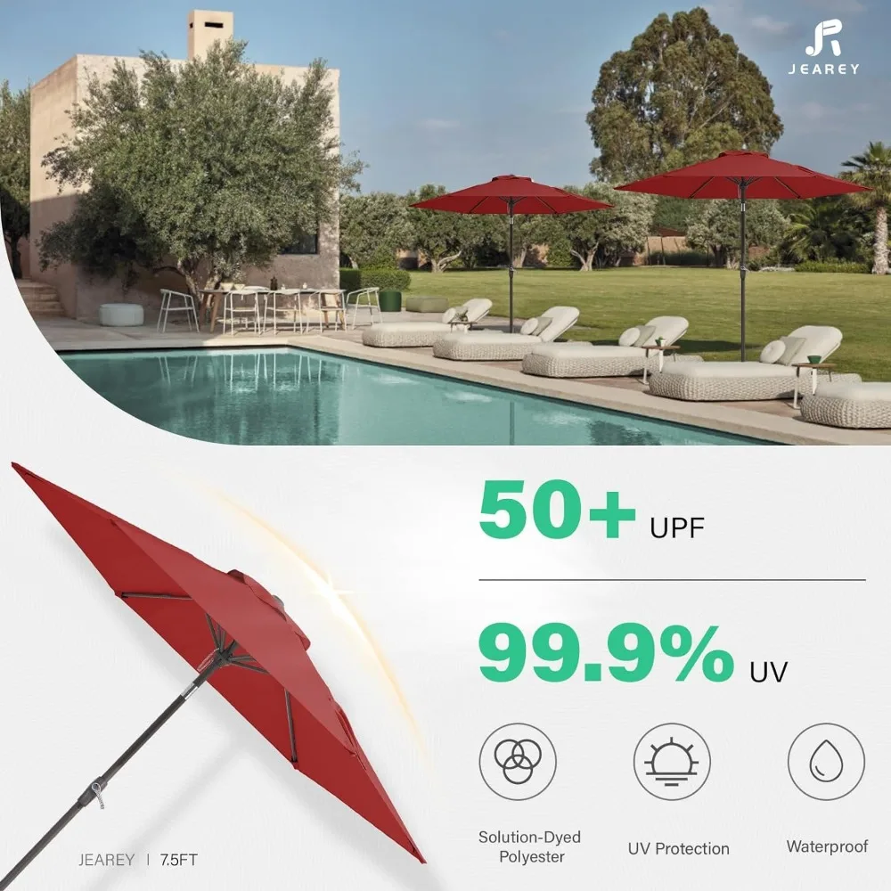 JEAREY 7.5FT Patio Umbrella Market Table Umbrella with 6 Sturdy Ribs, Push Button Tilt/Crank Outdoor Umbrella for Garden, Deck,