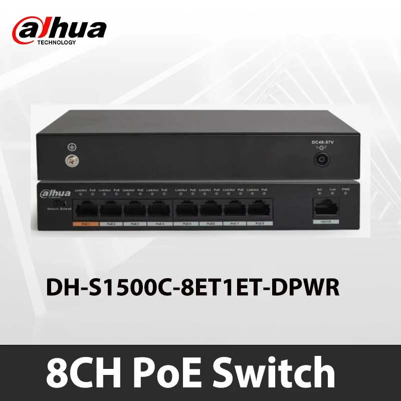 

Dahua 8ports PoE Switch DH-S1500C-8ET1ET-DPWR 8CH Ethernet Power Switch Support 802.3af 802.3at POE POEPower Supply 100MBS