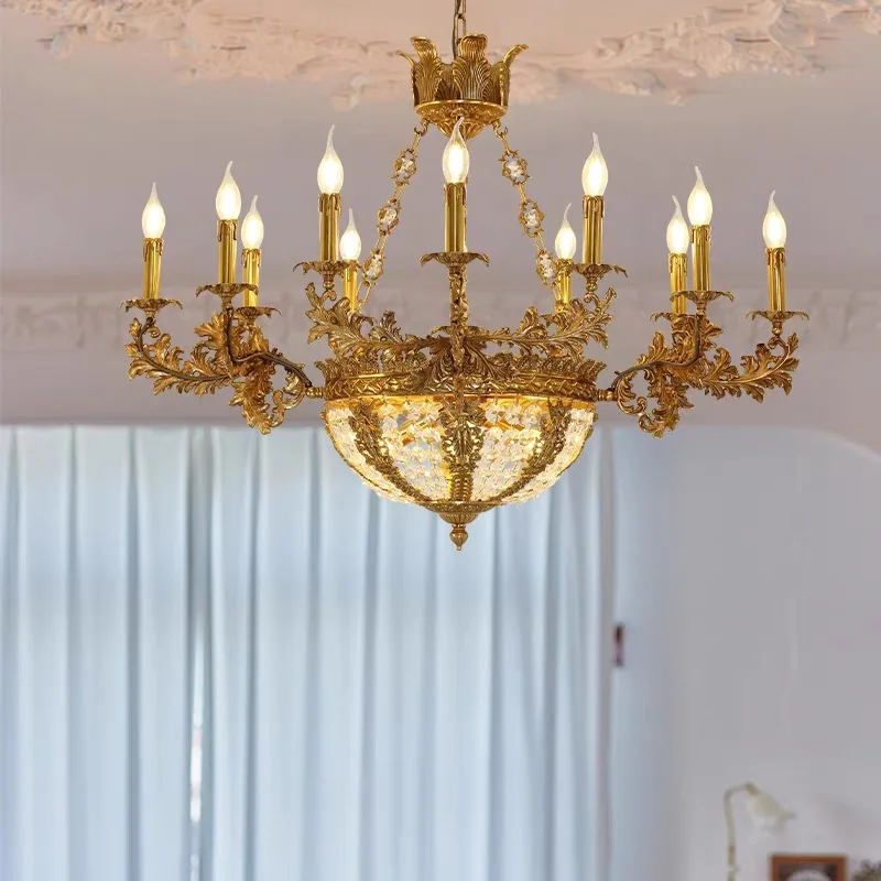 

2025 European Brass Living Room Pendent Light Bedroom Dining Lamp French Villa Baroque Luxury Copper Large Chandelier
