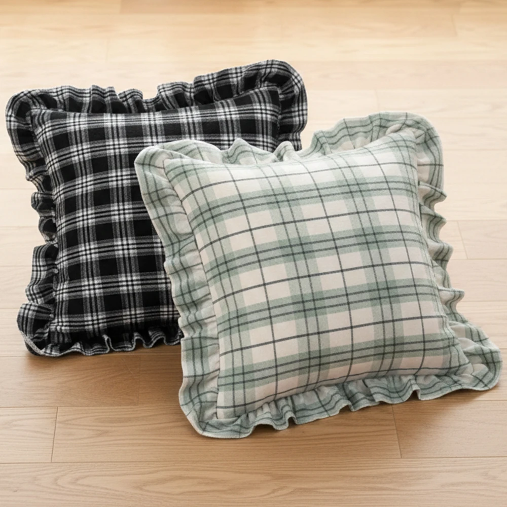 BUYNOW 1 STÜCK Zweifarbiger karierter Spitzenkissenbezug Britischer Vintage-Stil Countryside Cottage Sofa Kissenbezug Home Schlafzimmer Bett Dekor – Detail 12