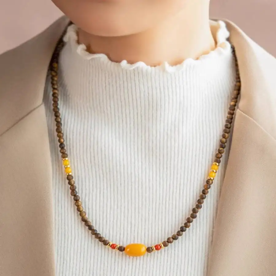 

Handmade Genuine Agarwood & Amber Beaded Necklace with Gold Accents Fashion Jewelry Gift for Her
