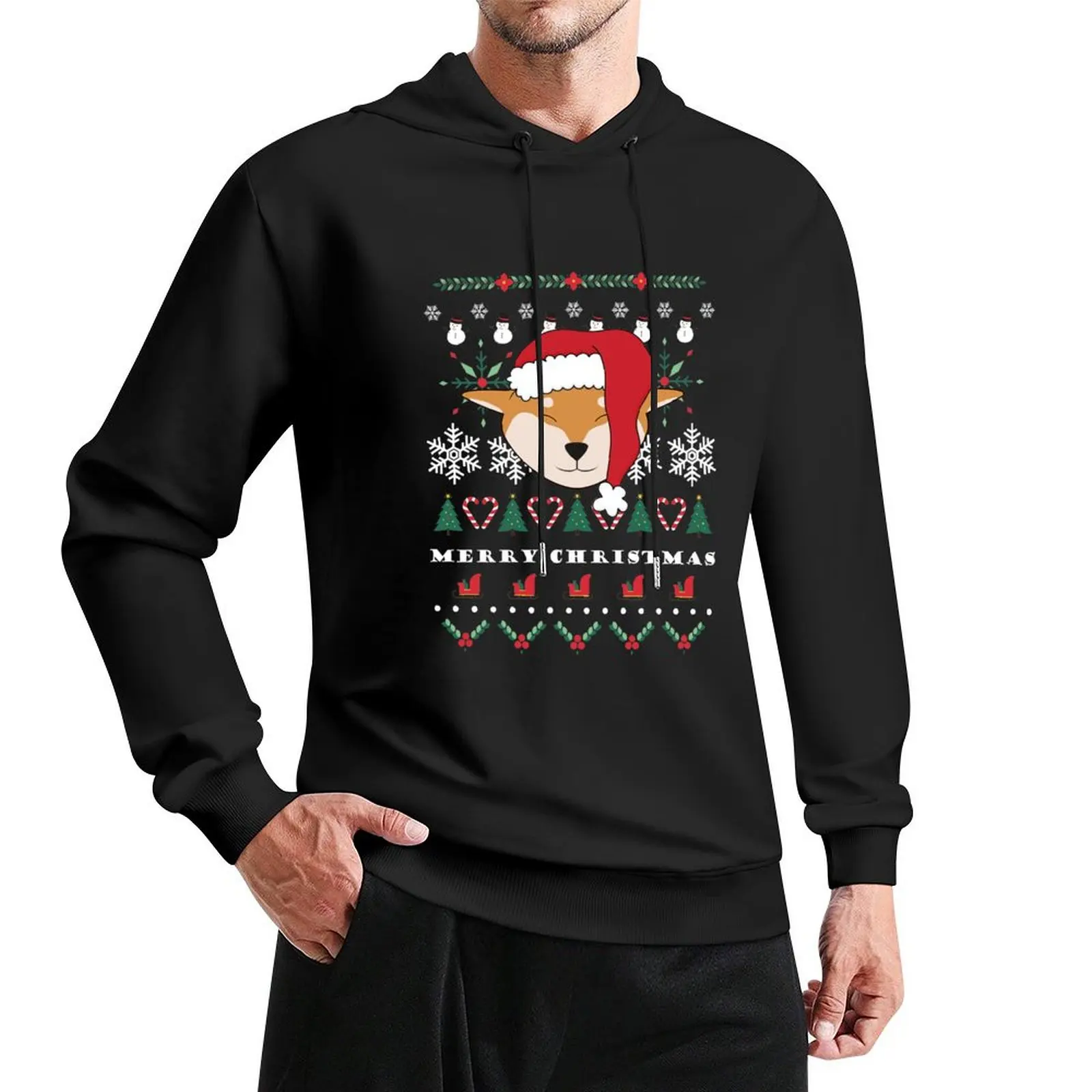 

Merry Christmas Red Shiba Inu Ugly Christmas Pattern Pullover Hoodie men's sweat-shirt men wear pullover hoodies