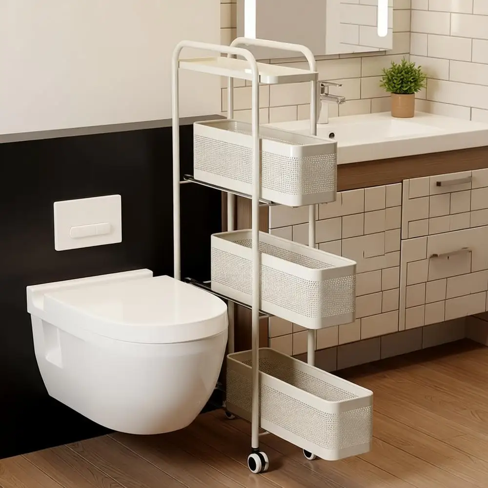 

4-Tier Rolling Storage Cart with Pull-Out Metal Basket for Kitchen, Bathroom, and Laundry (White)