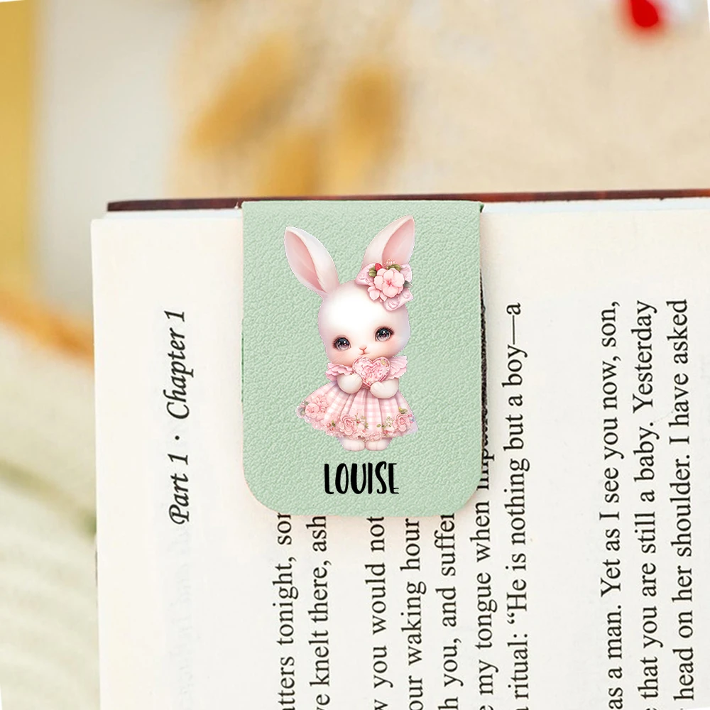 Marcapáginas con nombre con conejo romántico, marcapáginas de conejo romántico de cuero personalizado, marcapáginas magnético personalizado, 1 ud.